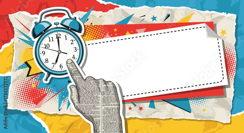 Dynamic retro-style advertising banner background featuring a vintage alarm clock with a hand pointing to it, set against a vibrant collage of torn paper, halftone dots, starbursts, and geometric