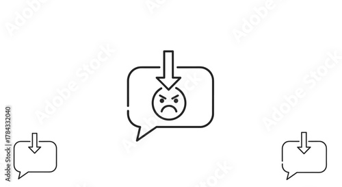 Vector illustration of a speech bubble containing an angry emoticon with a downward arrow pointing towards it, symbolizing negative feedback or complaints. This clean line art icon is presented on a