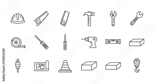A clean and modern line icon set representing architecture and construction tools, including a hard hat, saws, hammer, wrenches, tape measure, screwdrivers, drill, level, bricks, blueprint, traffic