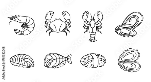 Set of minimalist outline vector icons representing various seafood and sushi dishes, including shrimp, crab, lobster, clam, mussel, fish fillet, sushi rolls, and oysters, presented in a clean