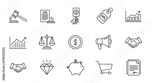 Set of business and finance line icons, including auction hammer, legal document, judge's gavel, price tag, financial graph, scales of justice, dollar coin, megaphone, handshake, diamond, piggy bank