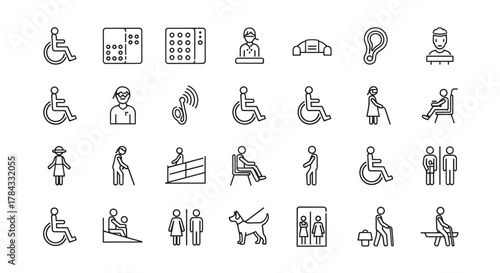 Accessibility Icons Pack: A comprehensive collection of thin line icons representing various aspects of accessibility, including wheelchair users, visually impaired individuals, hearing assistance
