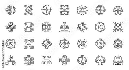 Collection of Algorithm and Scheme Icons, Perfect for Infographics, Articles, Books, Flyers, and Banners. Editable Stroke Vector Cartoon Illustrations for Business and Technology Concepts.