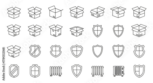 Set of 24 vector icons featuring open cardboard boxes, various shield designs, and radiators, presented with editable stroke lines on a clean white background, ideal for graphic design, web, cards