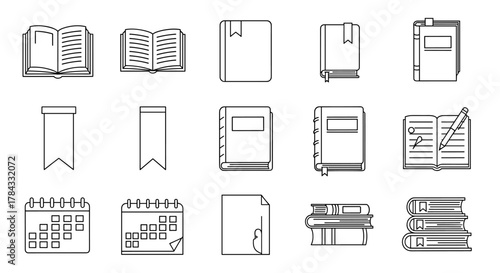 Collection of outline icons representing books, bookmarks, diaries, and calendars, perfect for graphic and web design, apps, adverts, and various cards, presented as a clean vector cartoon