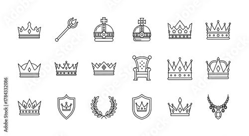 Collection of Royal Symbols and Accessories, Featuring Diverse Crown Designs, a Scepter, a Throne, a Laurel Wreath, a Shield, and a Jeweled Necklace, Presented as Clean Line Art Icons for Graphic and