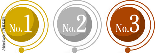 くすみカラーのシンプルなランキングアイコンセットベクター素材｜金・銀・銅で表現した1位2位3位のシンプル丸型デザイン