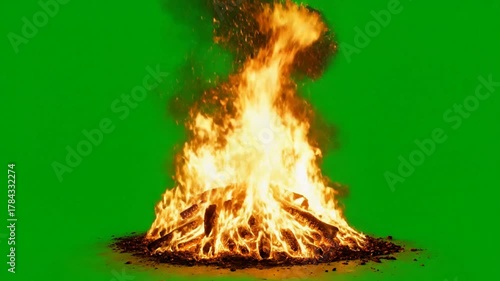 Burning Bonfire Flames Roaring on Green Screen Background - Looping Stock Footage
