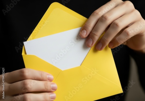 Hands opening a bright yellow envelope revealing a blank white card or message inside