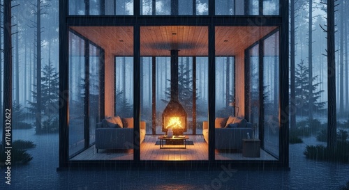 Escape to tranquility with a modern forest cabin retreat, fireplace blazing amidst the gentle rainfall, offering peace and solace in nature's embrace