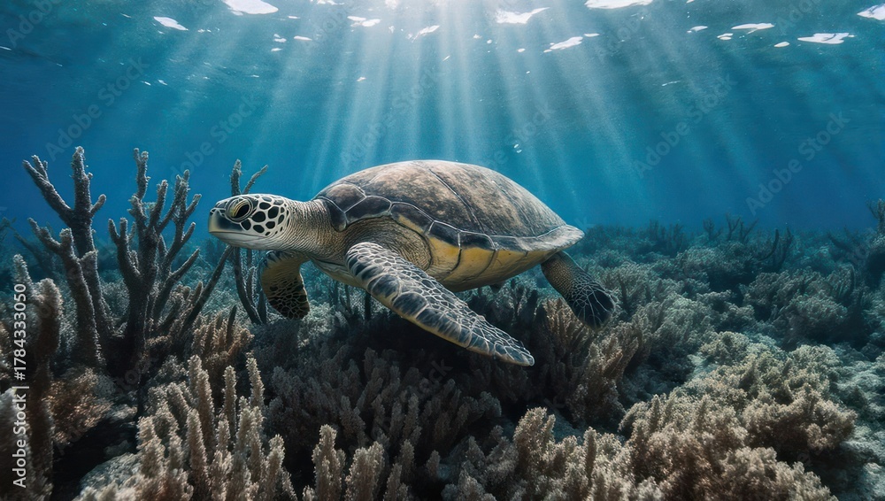 Fototapeta premium A majestic sea turtle swims gracefully amidst coral reefs, basking in sunlight's rays