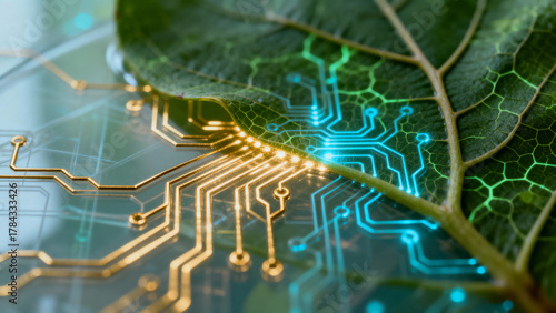 Cyber-Organic Fusion Macro Art. Bioluminescent Circuit Patterns Merging with Plant Veins on Translucent Surface in Sci-Fi Digital Nature Style.