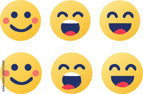 A collection of cheerful yellow emoticons displaying various happy expressions