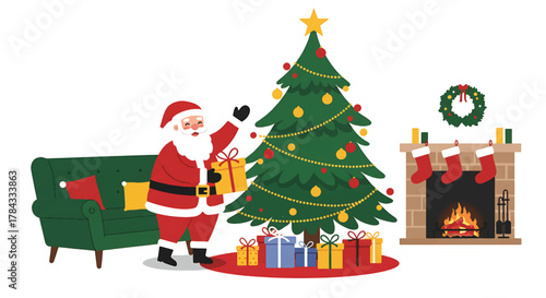 Jolly Santa Claus Decorating a Vibrant Christmas Tree in a Cozy Living Room Setting, Surrounded by Festive Presents and Holiday Decorations, Capturing the Spirit of the Season