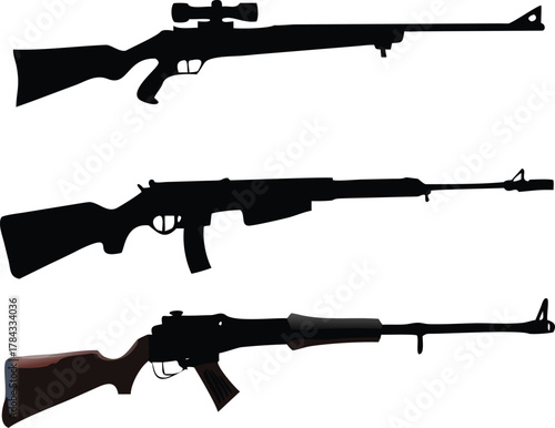 Silhouettes of three different hunting rifles with scopes displayed prominently