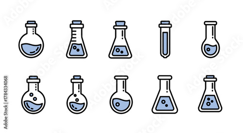 Set of laboratory flasks and test tubes with blue liquid, presented in a clean, modern cartoon illustration style, perfect for UI elements, placards, books, and apps, featuring editable strokes and