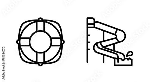 Collection of simple, isolated line icons featuring a lifebuoy and a water slide with splashing water, perfect for web, books, cards, and apps, with editable stroke and a cartoon illustration style.