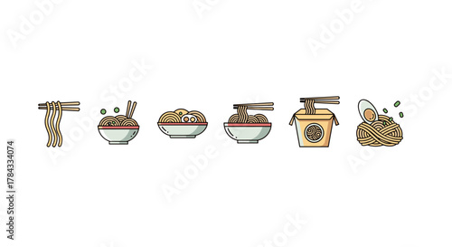 A collection of six minimalist vector illustrations depicting various noodle dishes, including noodles with chopsticks, bowls of ramen, and a takeout box, all presented on a clean white background