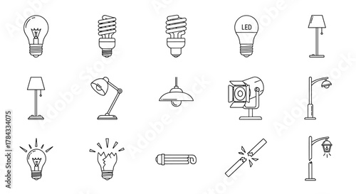 Collection of line art icons representing various types of lighting, including incandescent bulbs, energy-saving CFLs, modern LEDs, desk lamps, floor lamps, pendant lights, studio spotlights, and
