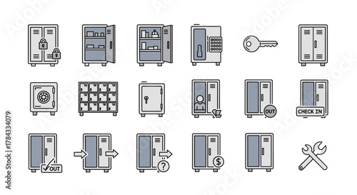A comprehensive set of vector cartoon illustrations featuring locker-related icons on a clean white background, perfect for web sites, books, cards, and apps, with editable strokes for versatile