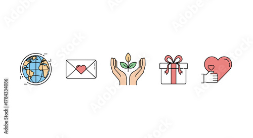 A collection of five minimalistic linear illustrations on a white background, featuring icons representing global connection, heartfelt communication, nurturing growth, thoughtful gifting, and