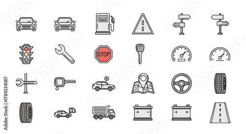 A comprehensive collection of flat line icons related to cars and transportation, including vehicles, gas stations, road signs, traffic lights, tools, and navigation elements, perfect for web design
