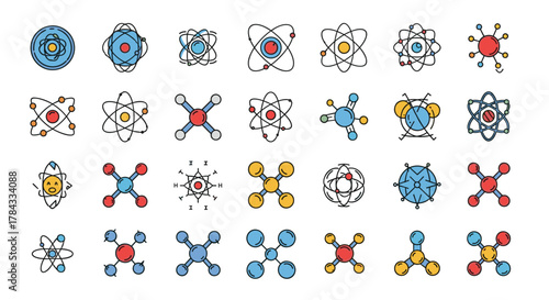 A vibrant collection of filled color icons representing atoms and chemical compounds, featuring minimalistic linear pictograms ideal for web and graphic design, app interfaces, banners, and social