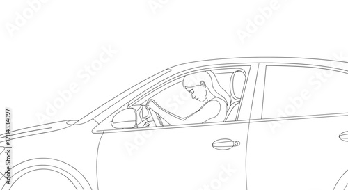 Outline illustration of a young woman driving a car with a sad expression and incorrect posture, emphasizing a bad pose for the spine and highlighting the importance of proper driving ergonomics for