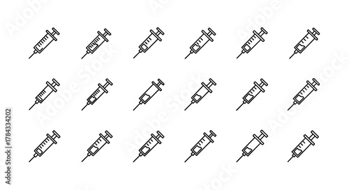 Seamless pattern of outline syringe icons on a white background, perfect for graphic design, web design, apps, advertisements, and various cards, offering a clean and modern vector cartoon