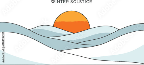 Winter Solstice minimalist illustration with sun and wavy horizon