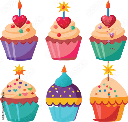 Colorful cupcakes with heart toppers and sparkling candles a delightful treat