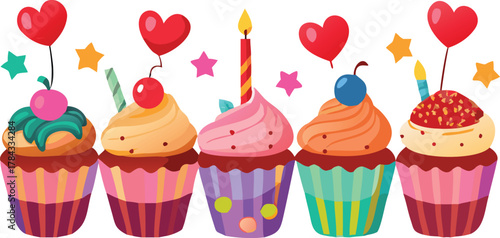 Colorful cupcakes with candles hearts and stars celebration illustration