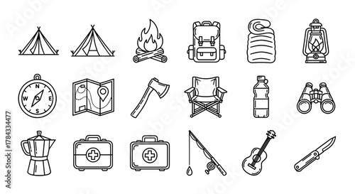 Camping and Outdoor Adventure Line Icon Set: A collection of essential gear including tents, campfire, backpack, sleeping bag, lantern, compass, map, axe, folding chair, water bottle, binoculars
