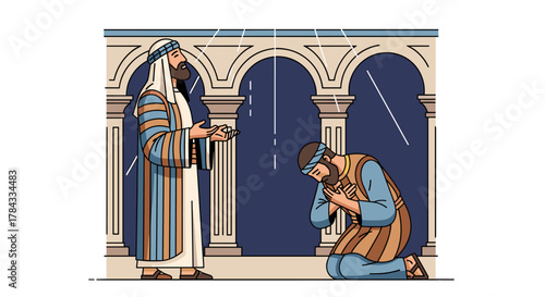 Biblical parable scene of a Pharisee standing and praying with hands outstretched, and a tax collector kneeling in prayer and repentance before him, rendered in a vivid vector illustration style with