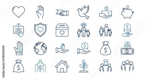 Charity icons, a modern outline design set featuring symbols of generosity, support, and community, including a heart, handshake, dove, donation box, family, piggy bank, and globe, all in a clean