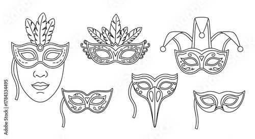 Collection of simple linear outline carnival masks, including feathered, jester, and bird-like designs, perfect for web, books, cards, and apps, presented as a versatile vector cartoon illustration