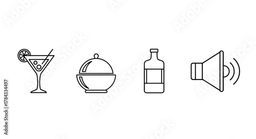A minimalist collection of four thin-line icons representing a cocktail with a lemon slice and olive, a serving bowl with a cloche lid, a bottle with a blank label, and a speaker symbol indicating