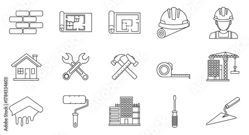 A comprehensive set of construction and building-related line icons, featuring elements like brick walls, floor plans, blueprints, hard hats, construction workers, houses, wrenches, hammers