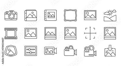 Set of picture-related line icons, including a camera, photo album, film strip, framed pictures, landscape, video camera, and editing sliders, perfect for graphic and web design, apps, adverts, and