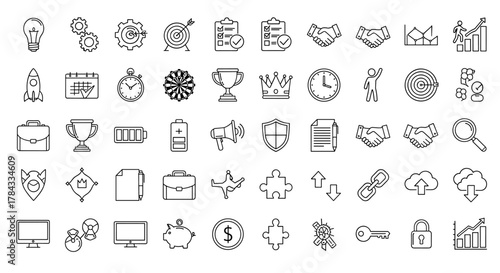 A comprehensive set of line icons representing productivity and efficiency, featuring outline icons for business, leadership, and success, with editable strokes and vector illustrations for versatile