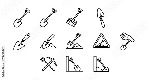Collection of outline shovel and digging tools icons, including shovels, trowels, pickaxes, and a warning sign with a shovel, presented on a clean white background, ideal for graphic design, web