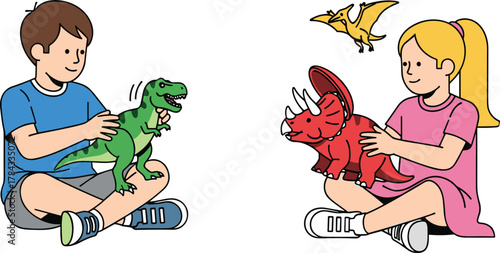 Two happy children, a boy and a girl, sitting and playing with colorful dinosaur toys, symbolizing learning, imagination, and fun.