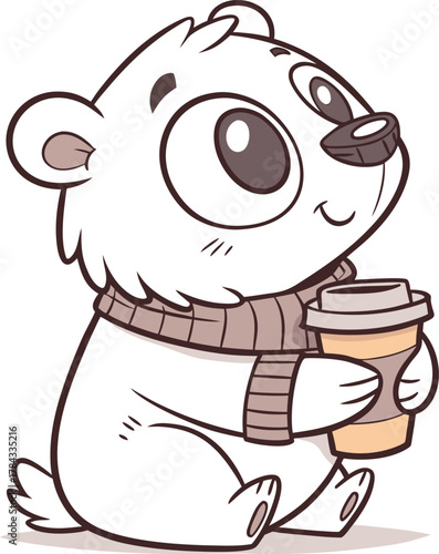 Cute cartoon bear wearing scarf holding coffee cup illustration