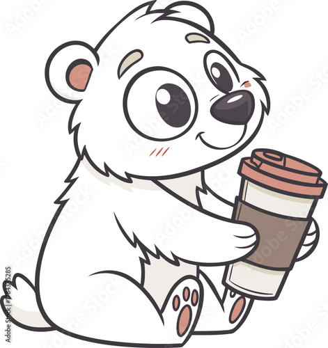 Cute cartoon bear cub enjoying a cup of hot coffee or tea drink