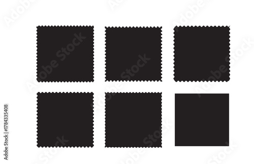 Collection of six black postage stamp frames with perforated edges on a white background