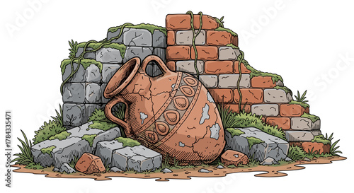 Ancient cracked terracotta amphora resting against moss-covered stone and brick ruins, overgrown with vines and grass, symbolizing history and decay, vector hand-drawn illustration with a vintage