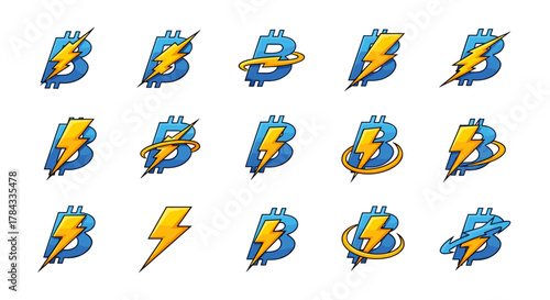 Set of 15 Bitcoin logos with lightning bolt and circular swoosh elements, presented in a clean, cartoonish vector illustration style on a white background, ideal for cryptocurrency and technology