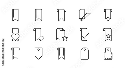 Bookmark line icon pack, minimalistic linear pictograms for web and graphic design, apps, banners, social networks, and cards. Vector cartoon illustration of various bookmark shapes including hearts