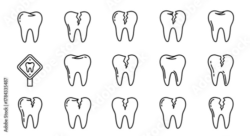 Set of stylized tooth icons in outline style, showcasing healthy and cracked teeth, alongside a warning sign with a tooth symbol, perfect for dental care graphics, medical websites, and educational