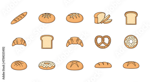 A delightful collection of 15 flat design vector icons representing various baked goods, including baguettes, round loaves, sliced bread, croissants, pretzels, and donuts, all presented on a clean